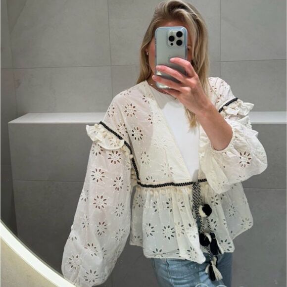 Zara Tops - TRF ZARA Elegant Cream Eyelet Women's Peasant Western Boho Tassle Top